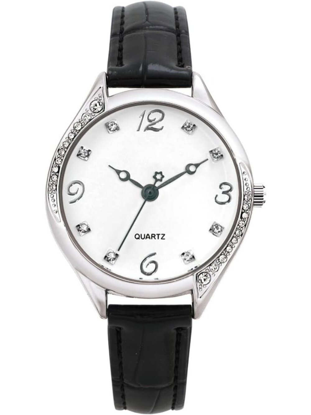 Women's Silver Analog Quartz Leather Band Crystal Rhinestone Bezel Wrist Watch